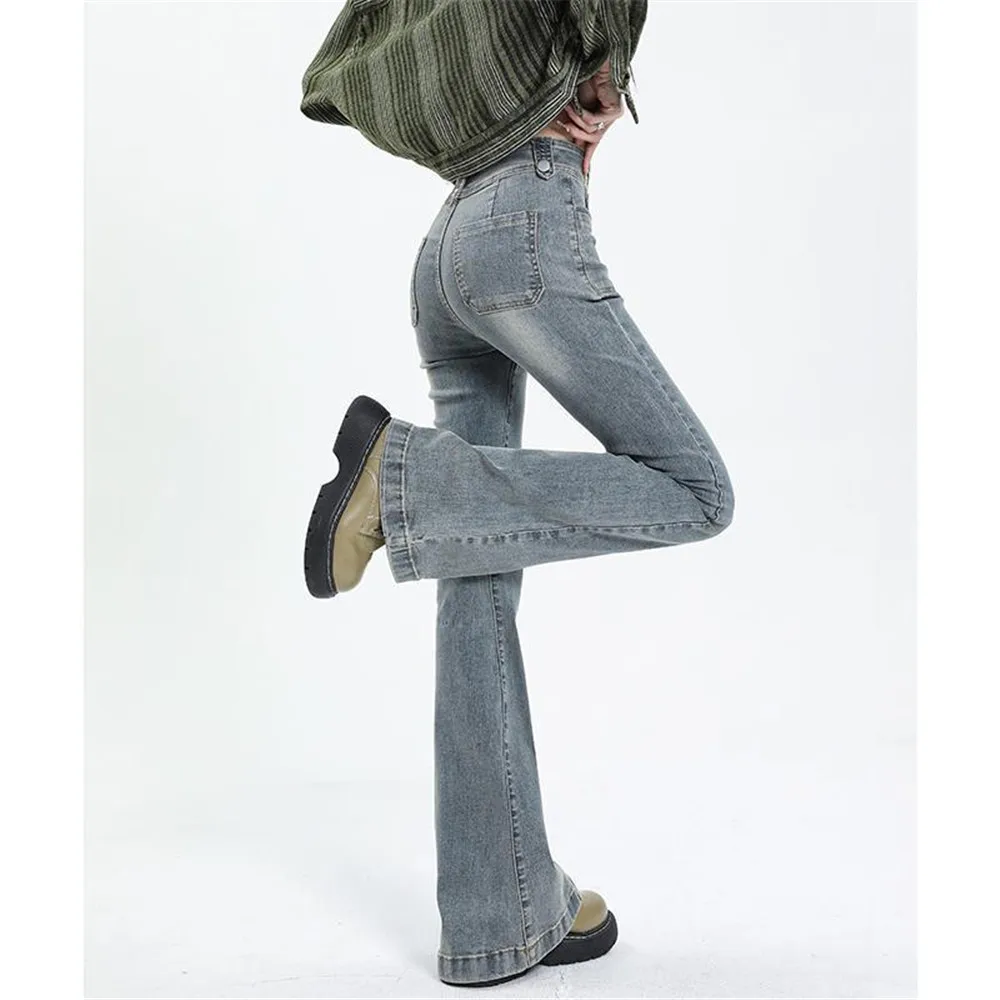 Flared Jeans Woman Vintage High Waist Women Slim Stretch Denim Tight Pant Korean Street Style Casual Trousers Y2K Plus Length