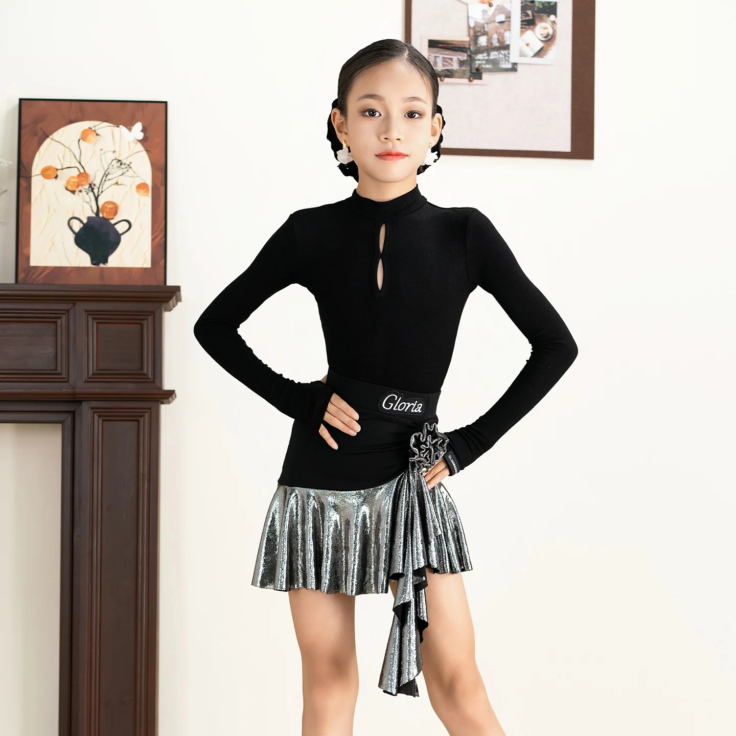 2025 Kinderen Latin Dansvoorstelling Kostuums Voor Meisjes Lange Mouwen Split Rokken Oefenpak Samba Chacha Latin Wear XH3405