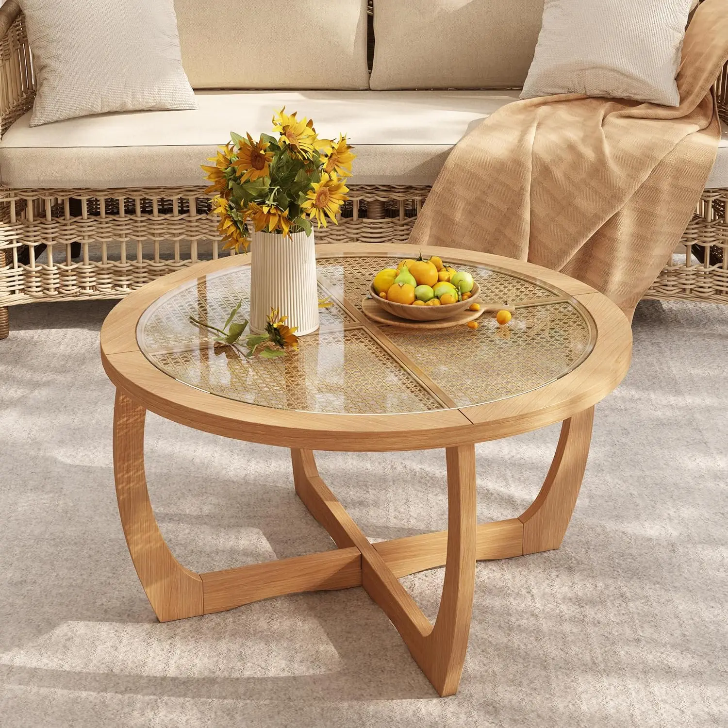 

Round Wood Coffee Table With Glass Rattan Top, Wooden Circle Center Table With Curved Legs & Removeable Tempered