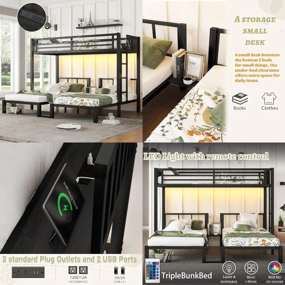 Metal Triple Bunk Bed with Twin XL and Twin Over Twin, LED Lights and Charging Station, Heavy-Duty Detachable Beds for Three Kid