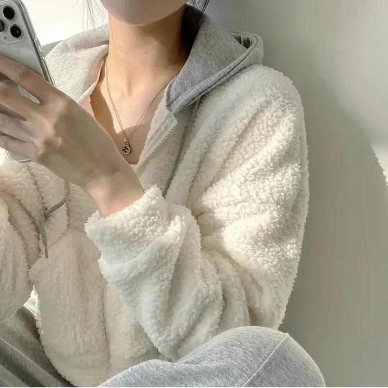 

Women Winter Short Coat Warm Patchwork Zipper Pocket Hooded Long Sleeves Cardigan Y2k Korean Solid Preppy Jacket Outerwear 후드티