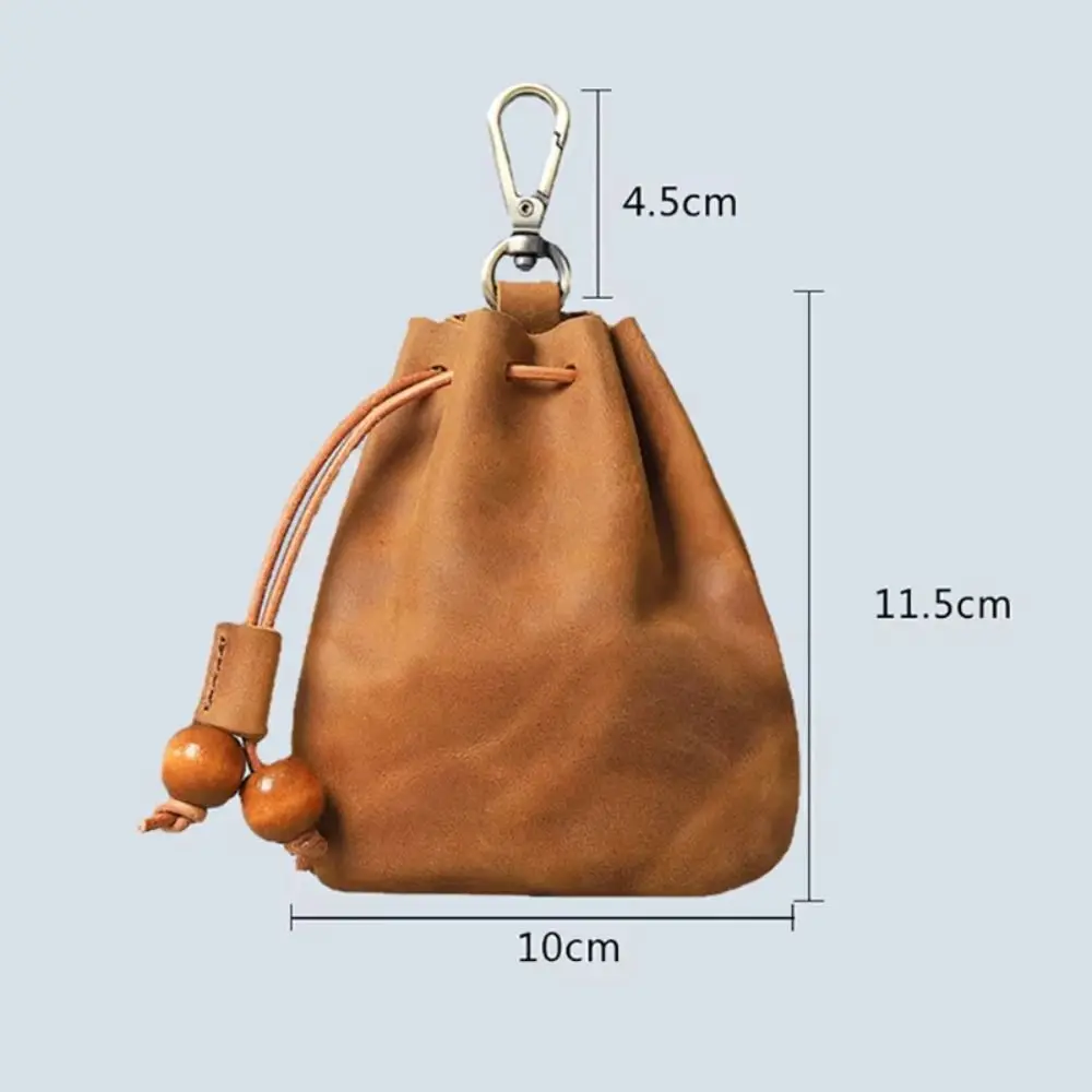 Retro Genuine Leather Storage Bag Solid Color with Metal Hook Coin Purse Small Card Key Holder