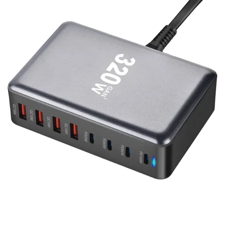 Cargador de escritorio GaN de 320W Cargador PD USB tipo C de 8 puertos