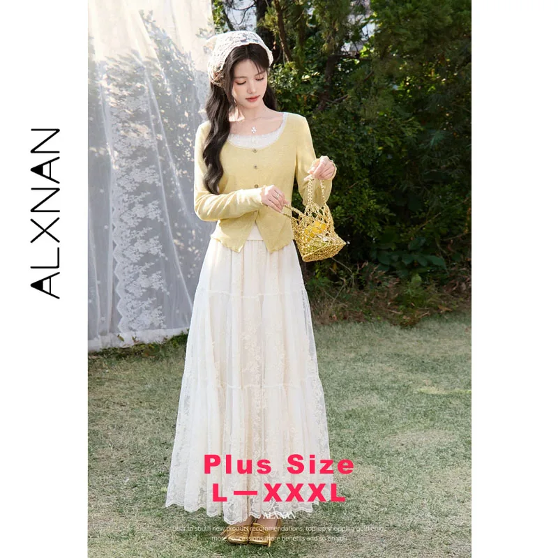 ALXNAN Plus Size Women's Lace Maxi Skirt White Elegant High Waist A-line Long Skirts Summer Pleated Tulle Beach Skirts D61911