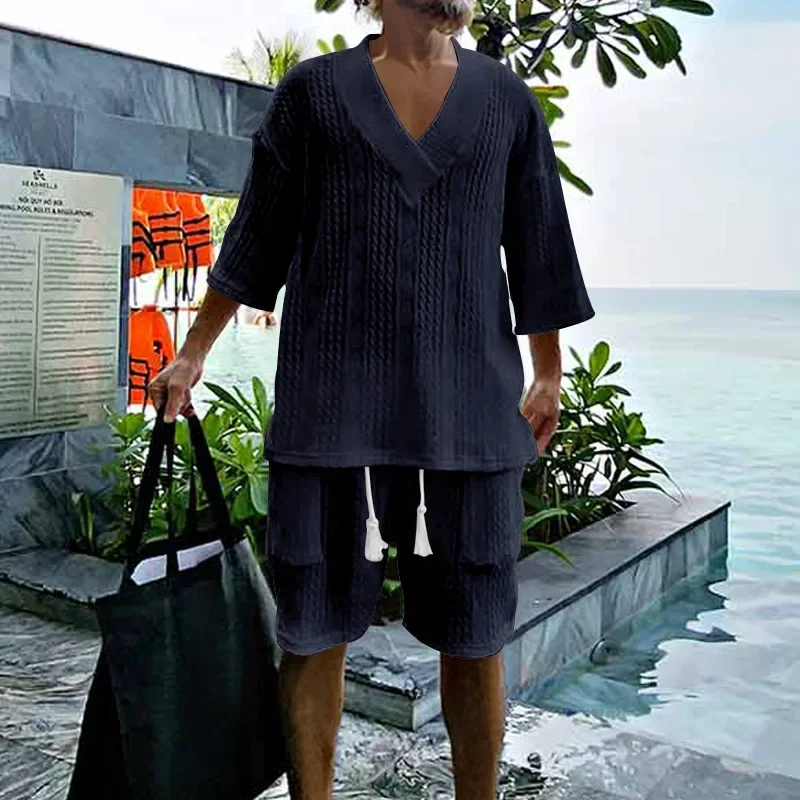 Cross Border New Sports and Casual Jacquard Set for Men Summer Beach Oversize Heavyweight Loose Men's Wear