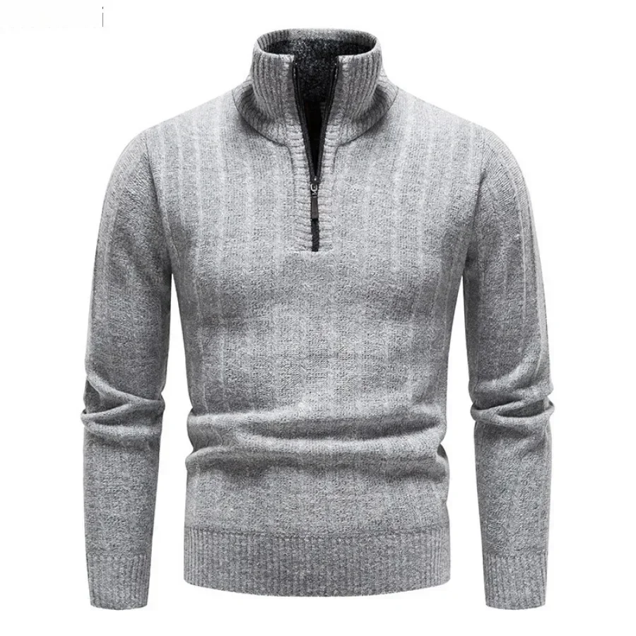New  Men's Warm Swearters Fashion Half Zip Knitwear Pullovers Winter Thicker Fleece Solid Thermal Knitted Sweaters for Men