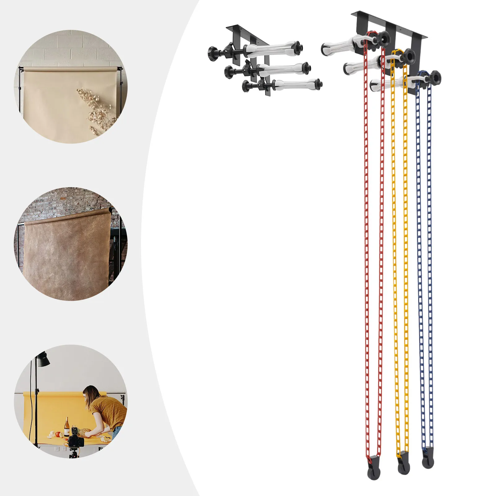 Fotografia 3: Sistema de Suporte de Fundo de 3 Eixos com Gancho e Elevação Manual para Cenários de Estúdio Fotográfico em Papel, Tecido e PVC - Kit de Suporte para Montagem em Teto e Parede