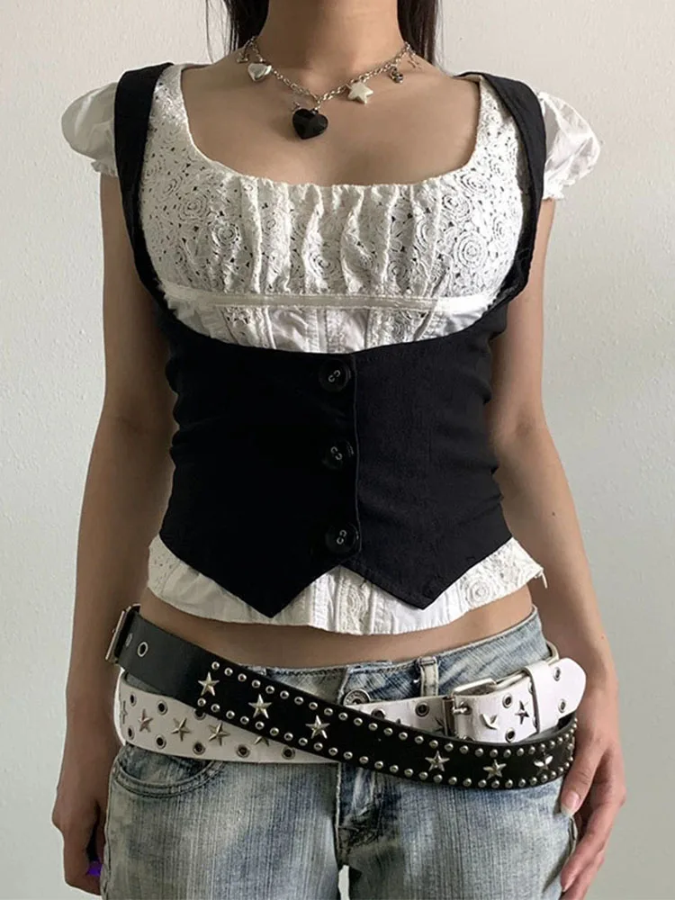 Schwarzes Korsett mit Knöpfen für Damen, verstellbares ärmelloses T-Shirt, Vintage Y2K-Straßenkleidung, Harajuku 90er-Jahre-T-Shirts, Gürtelweste