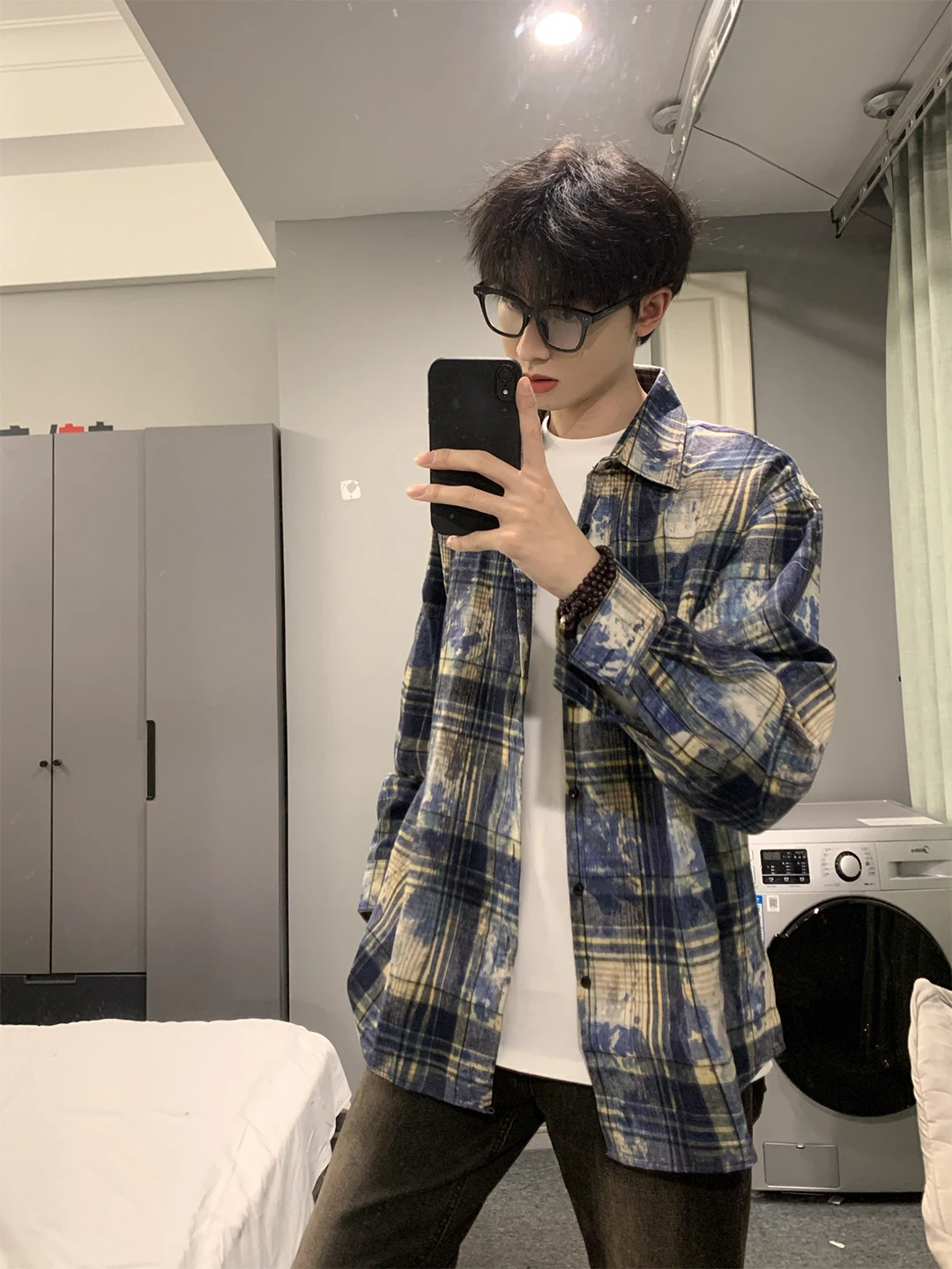 

Blue Tie Dye Plaid Men's Long Sleeve Shirt Vintage American Style Early Autumn Outerwear Standard Fit Boys' Clothing