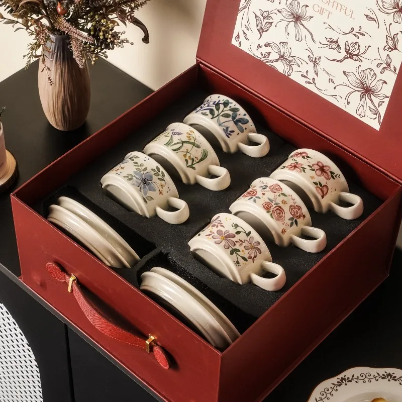 Flower cup, French ceramic coffee cup, saucer gift box, high-end exquisite housewarming, new home, wedding gift, couple's