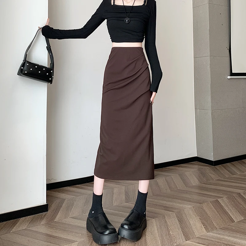 2024 Autumn Winter New Wrinkled Split Skirt High Waist Black Slim Long Skirt Vintage  Harajuku