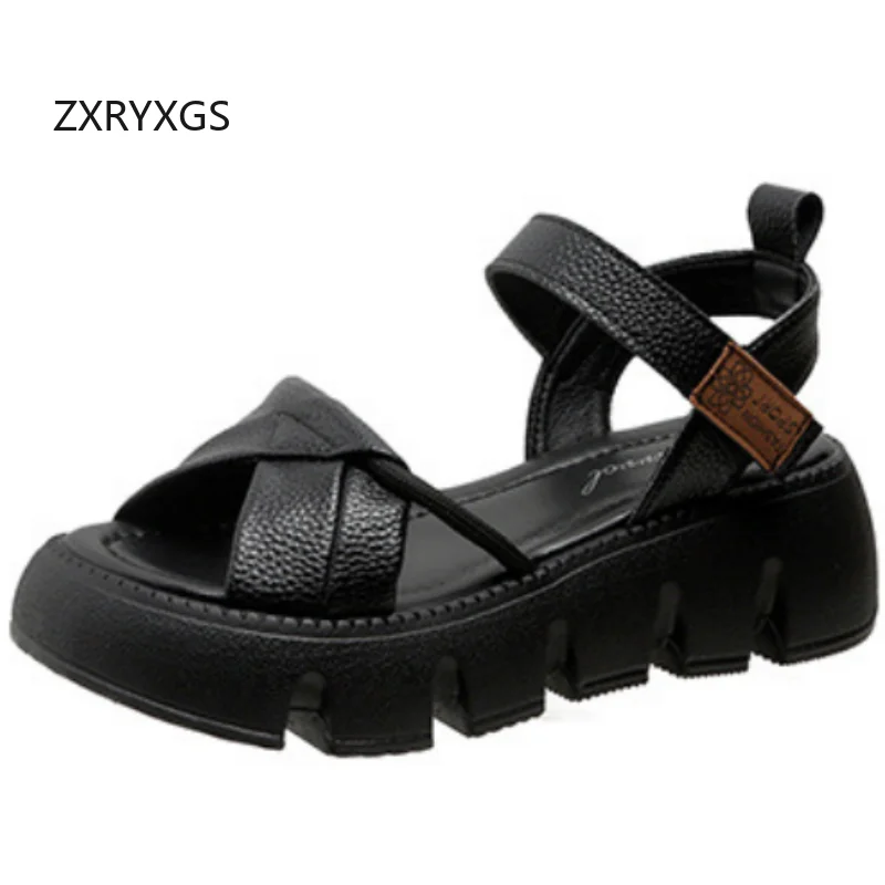 ZXRYXGS Promotion Thick Sole Wedges Sandals 2026 New Summer Open Toe Real Leather Sandals Comfort Non-slip Women Roman Sandals