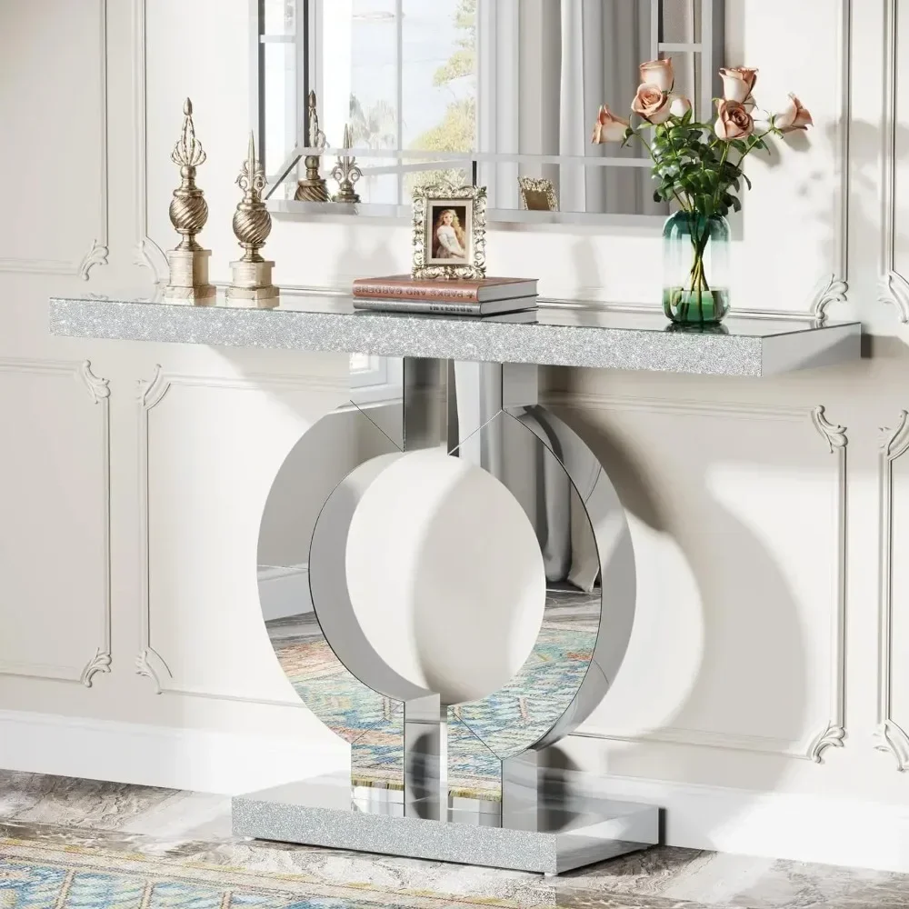 Table console miroir avec base en forme de O, table de canapé moderne en verre de 43 pouces avec finition miroir pour salon, table d'entrée argentée