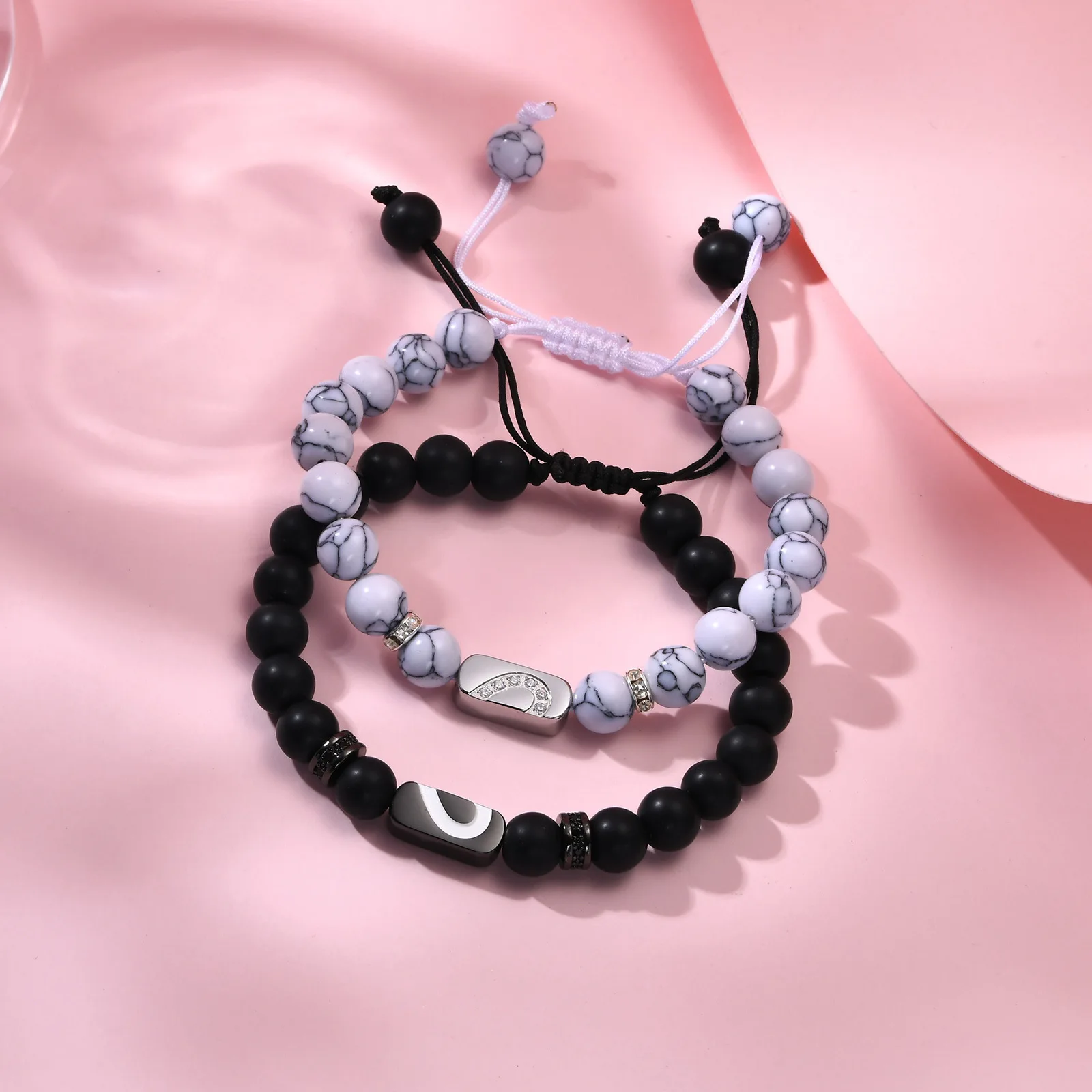 Couple Bracelets Agate White Turquoise Stainless Steel Stone Beaded Adjustable Braided Bracelet For Women Mens Husband Wife Gift image 3