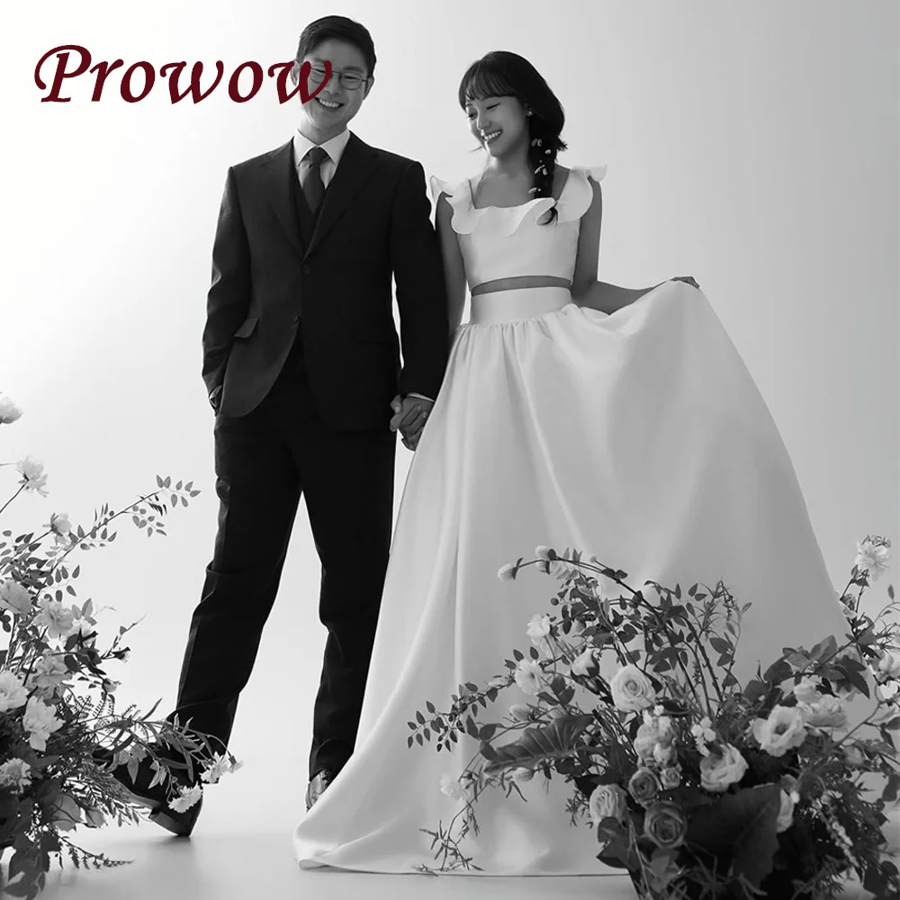 

Prowow Modern A Line Wedding Dresses two Pies Korea Photoshoot Ruffles Square Collar Satin Bridal Gowns Customized Corset Zip