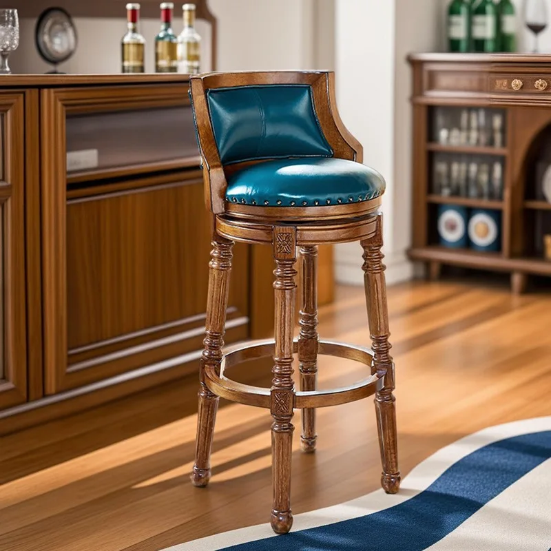 

American bar chair household European solid wood chair round retro stool high stool backrest rotating light luxury