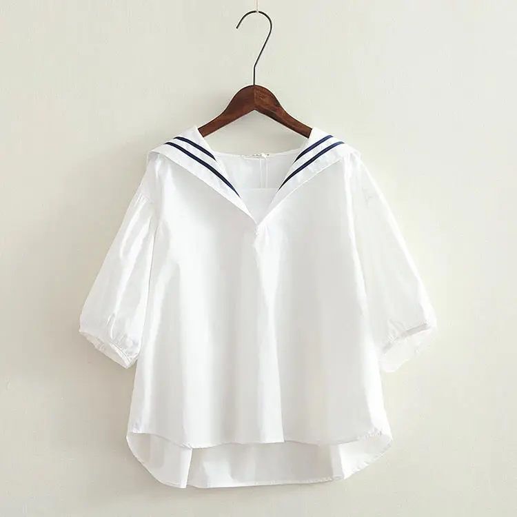 KUSAHIKI Sweet Stripe Sailor Collar Blouse Tops Causal Half Sleeve Woman Shirts 2023 Summer New Korean Pullover Blusas De Mujer