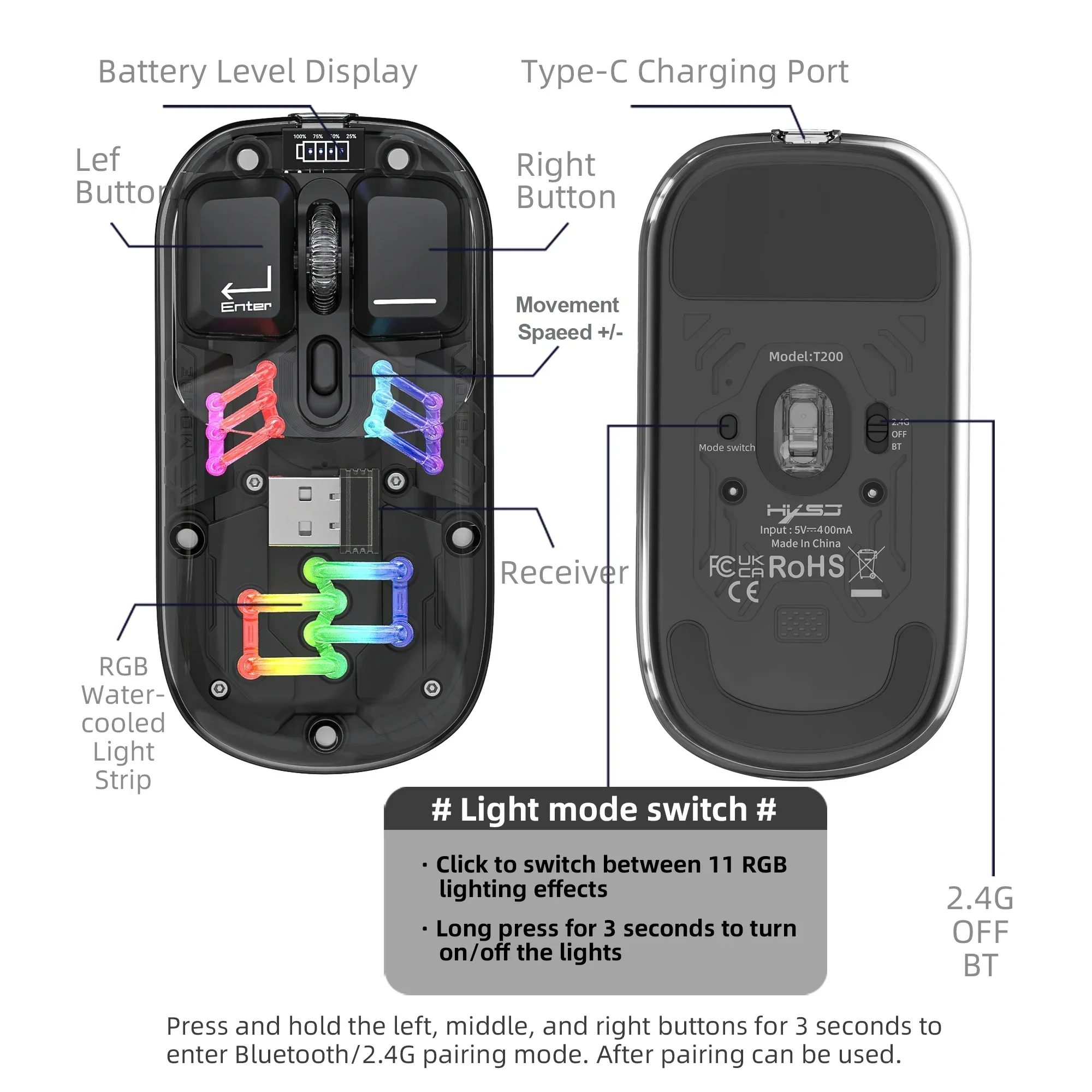 Mouse da ufficio con batteria retroilluminata YP RGB per PC e notebook Eed T200 Mouse wireless dual-mode trasparente integrato al litio 400 mAh