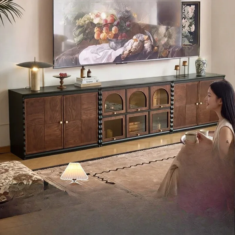 French skeleton line medieval solid wood floor-to-ceiling TV cabinet chess clever cabinet living room module