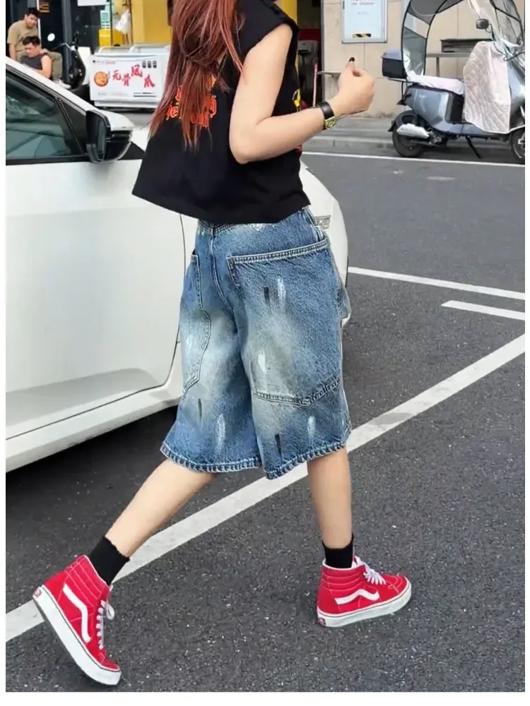 Y2K Vintage High Waist Wide Leg Denim Shorts Women 2026 Summer Distressed Ripped Washed Korean Streetwear Daily Party Outfit