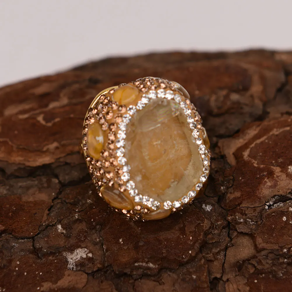 G-G Natural Yellow Citrine Quartz Rhinestone Crystal Paved Adjustable Gold Plated Circle Finger Rings