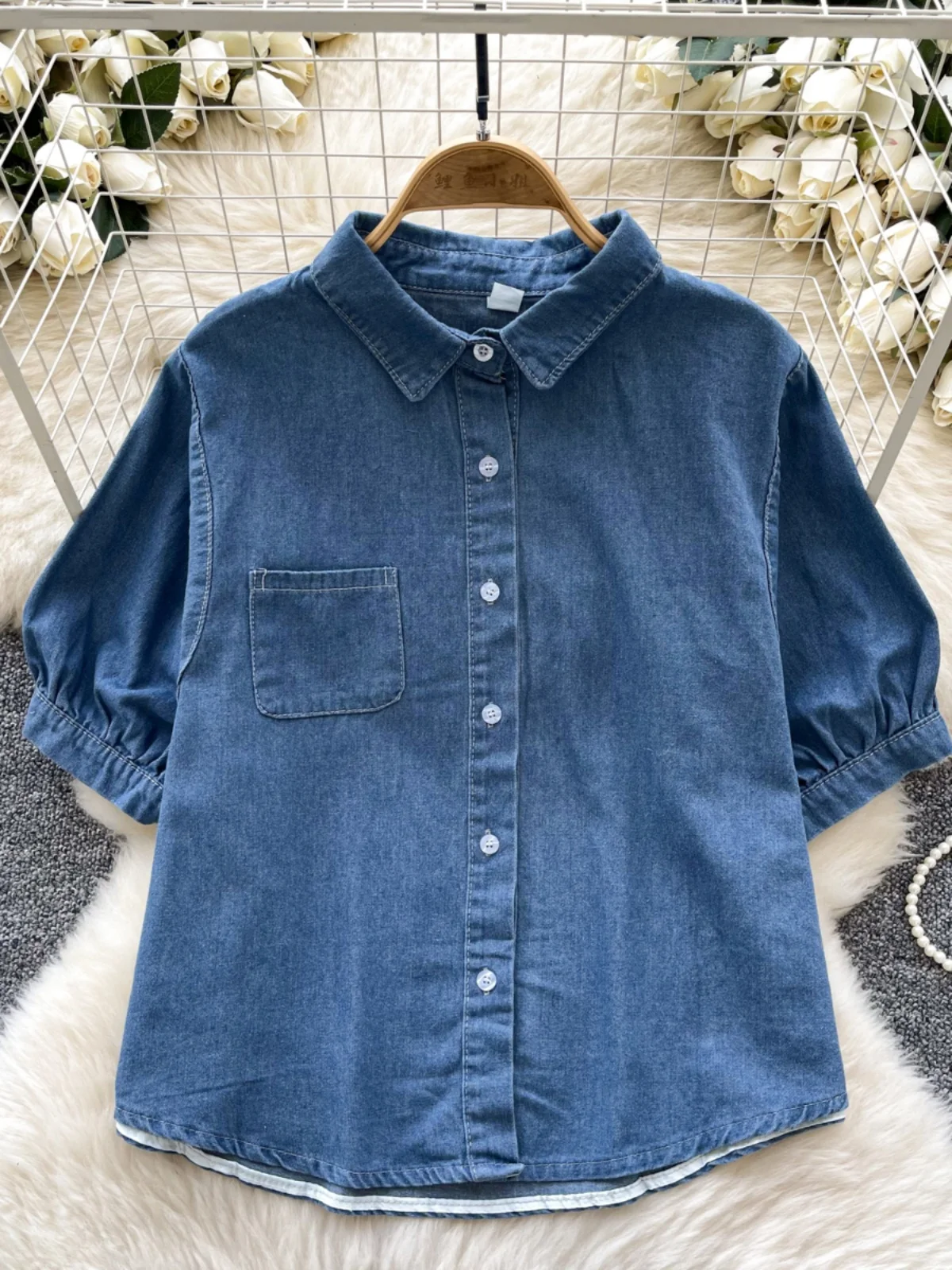 

Vintage Women's Summer Blue Elegant Single Breasted Denim Shirts New Short Sleeves Holiday Jean Blouse Trendy Versatile Tops New