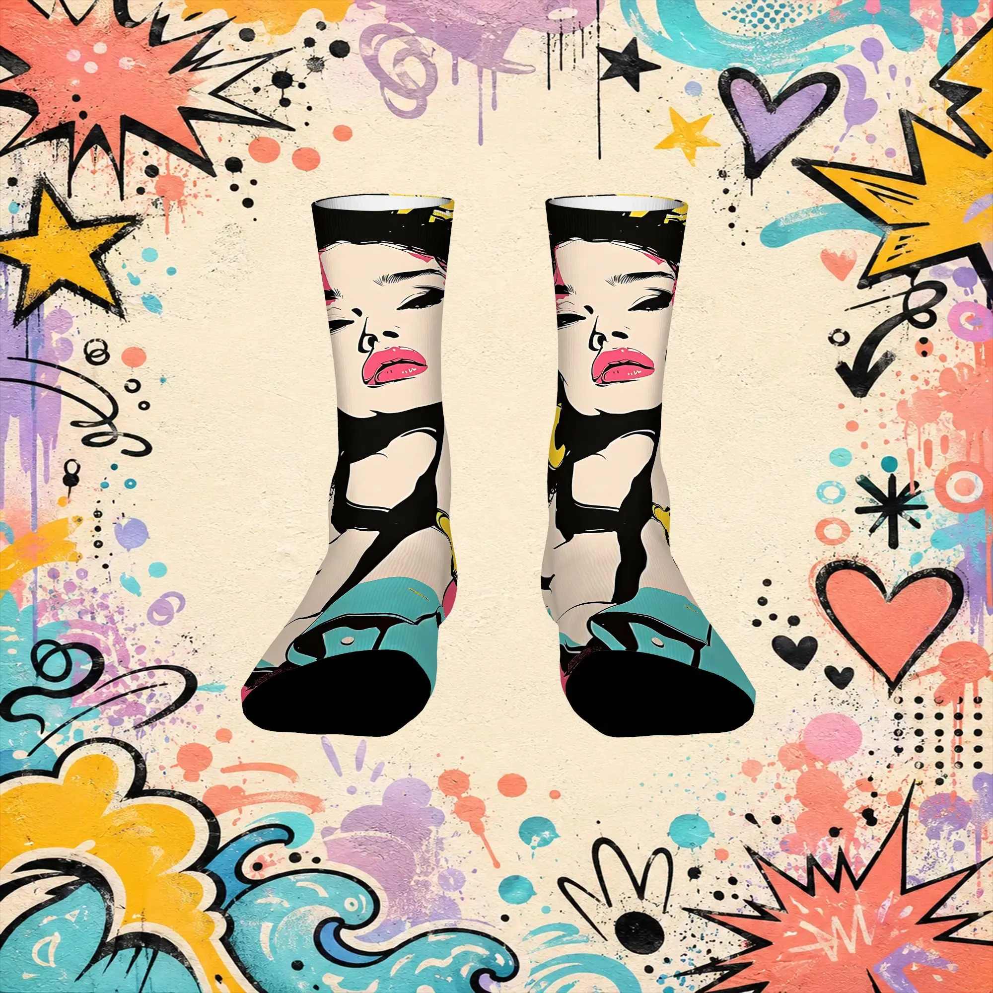 Girl Power Art Print Retro  Street Style Novelty Seamless Crew Creative Sock Sports Socks
