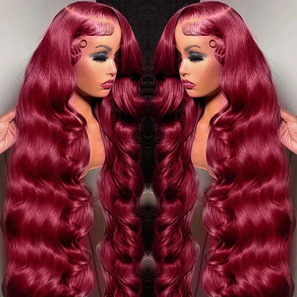 Perruque Lace Front Wig Body Wave Naturelle, Cheveux Humains, Rouge Bordeaux 99J, 13x6 HD, Pre-Plucked, Densité 200, 52 Pouces