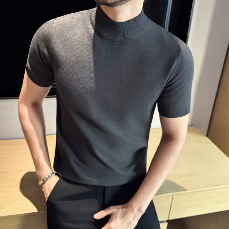 

High Quali Men's Slim Fit Knitted ort Sve T-irt f High Collar mid Collar Pure Color Base irt Warm Comfortable E...