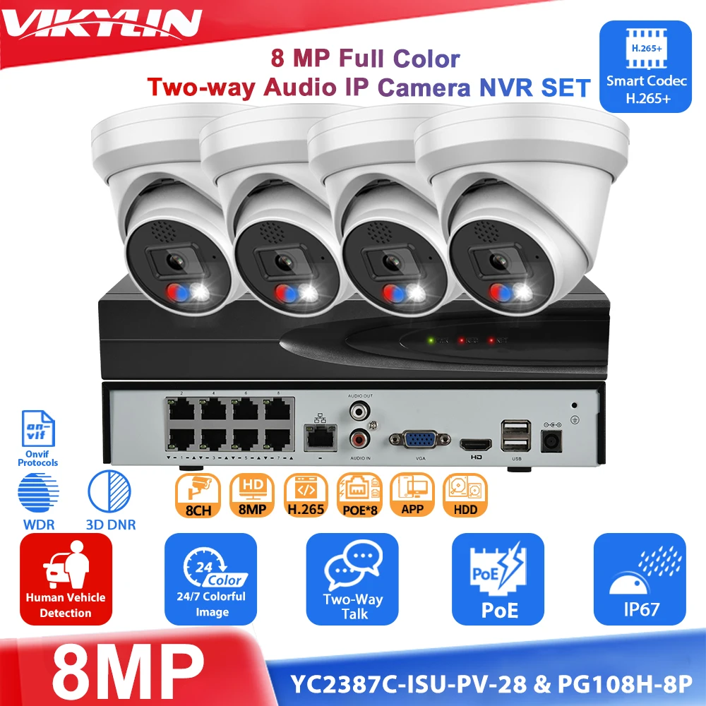 Vikylin 8MP ColorVU IP Camera Alarm Human Vehicle Detection 4K 8POE 8CH Network Video Recorder Home CCTV Outdoor Security System