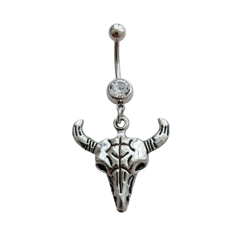 1pcs Bull’ Head Charm Belly Ring, Western Style 14G Navel Barbell Ring with Dangle Pendant, Cowgirl Piercing Body Jewelry