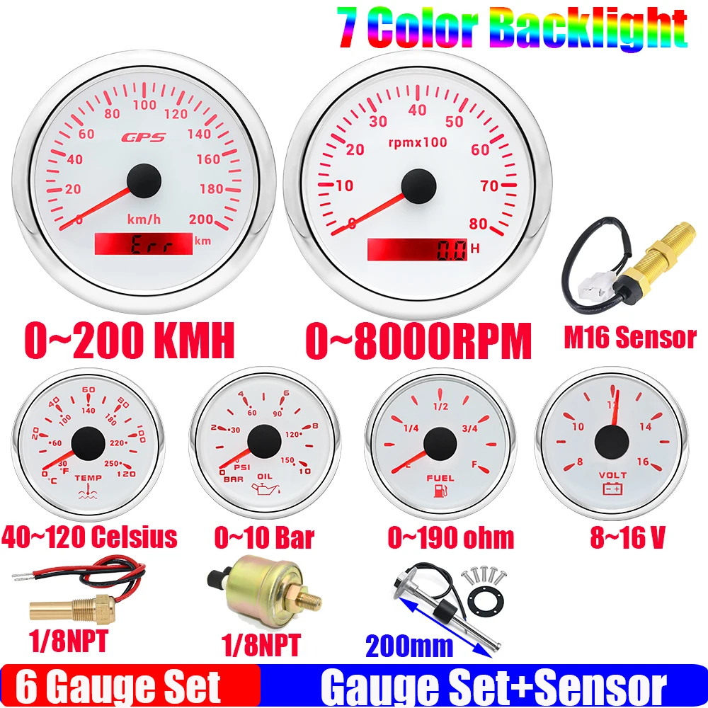 6 Gauge Set 200KMH GPS Speedometer Tachometer 0-190 OHM Fuel Level Gauge Water Temperature Oil Press Voltmeter for Car Boat 12V