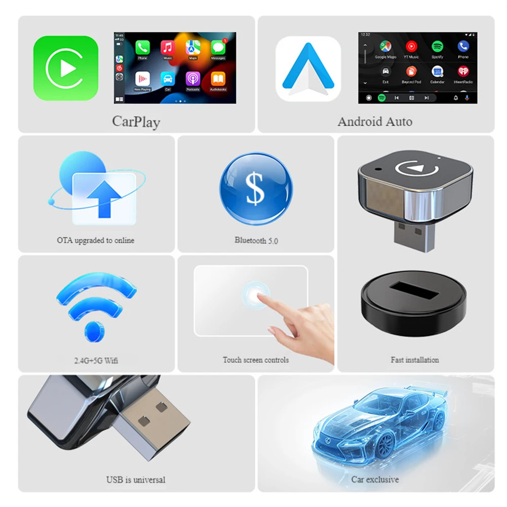 2 في 1 محول CarPlay اللاسلكي Android Auto الذكي USB Dongle WiFi BT Auto Connect AI Box Plug Play for iPhone Android السلكية