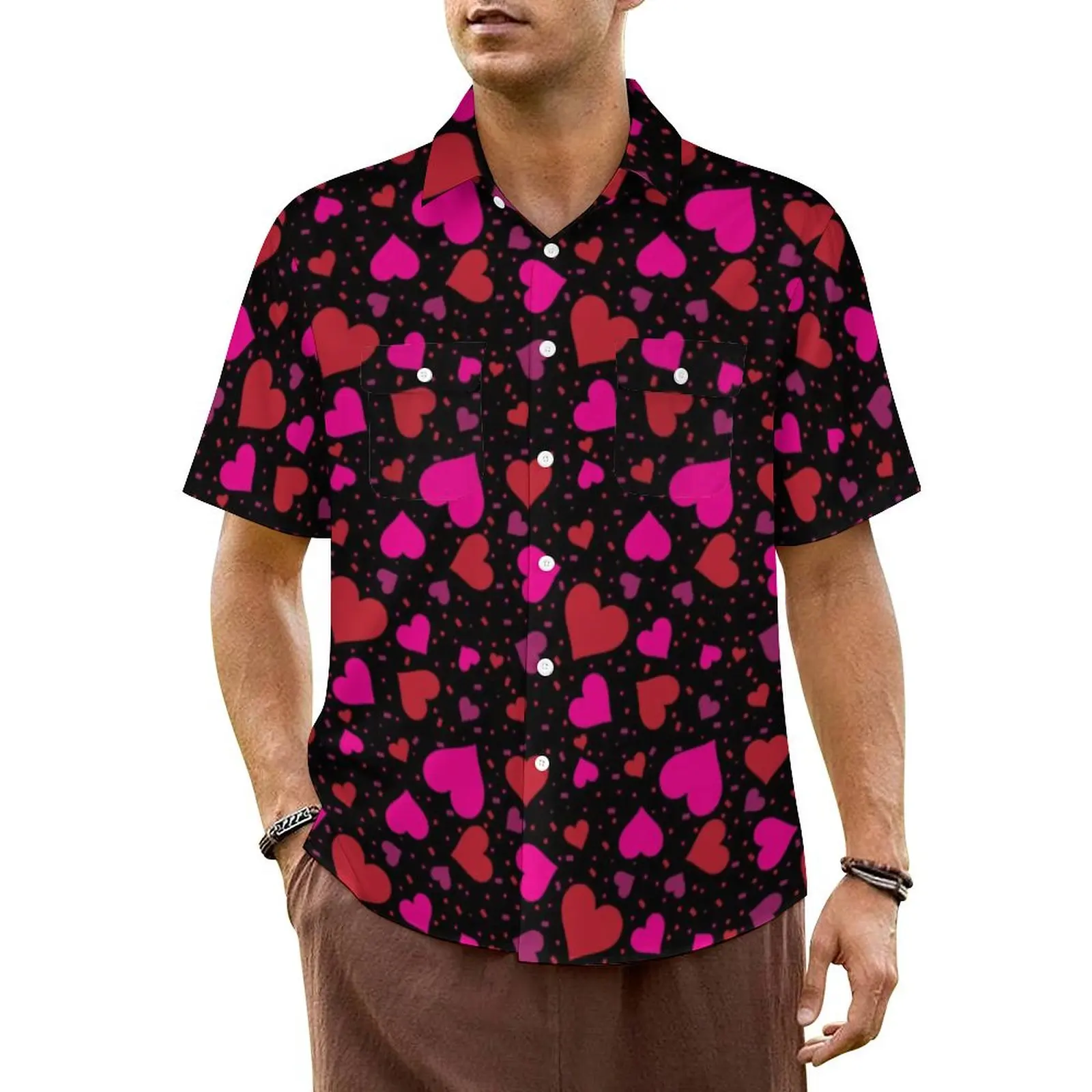 

Heart Confetti Casual Shirt Pink Valentines Day Novelty Hawaii Shirts Male Short Sleeve Vacation Street Style Oversized Blouses