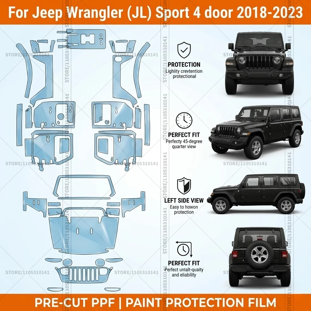 

Pre-Cut Paint Protection Film PPF Transparent Bumper Automotive Clear Bra Car Film For Jeep Wrangler (JL) Sport 4 door 2018-2023