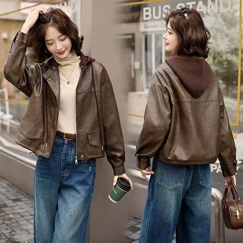 Novos casacos de imitação de couro feminino solto inverno grosso mais veludo curto jaquetas de couro velo destacável malha casacos com capuz