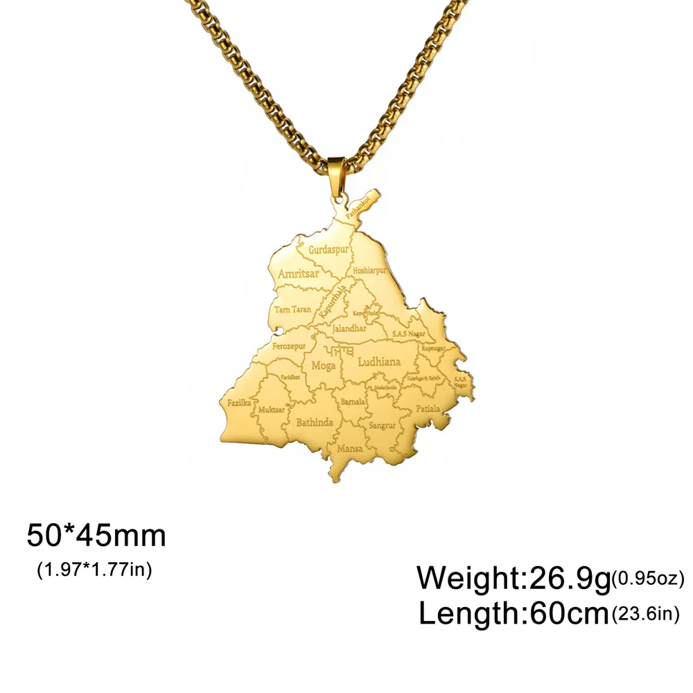 EUEAVAN India Punjab State Map Pendant Necklace for Man Stainless Steel Box Chain Geography Country Necklaces Ethnic Jewelry