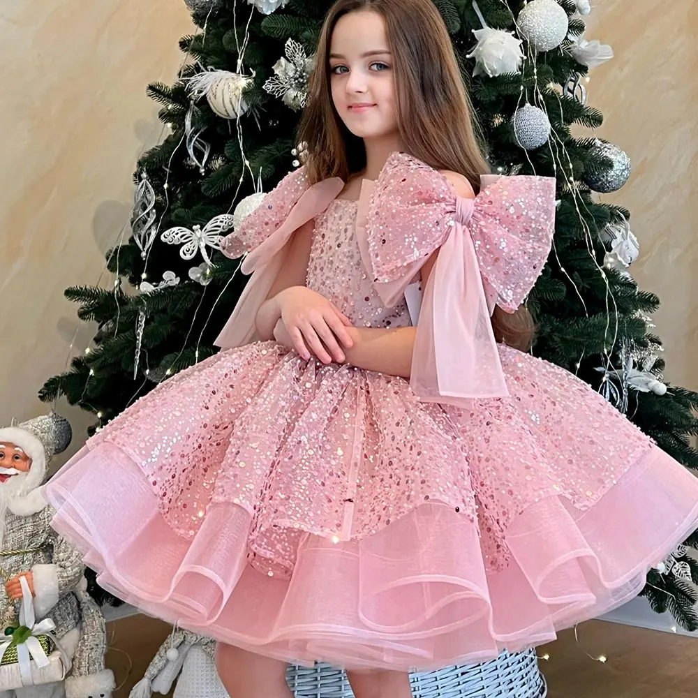 Vestido blanco brillante para niña, ropa de princesa Rosa champán, lazo grande, boda, fiesta de cumpleaños, desfile de primera comunión, J343