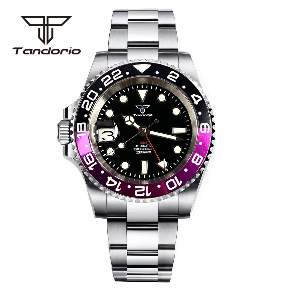 Tandorio GMT NH34A Left-Handed Screw Crown 20Bar Stainless Steel Automatic Dive Watch for Men Sapphire Glass Rotating Bezel Date