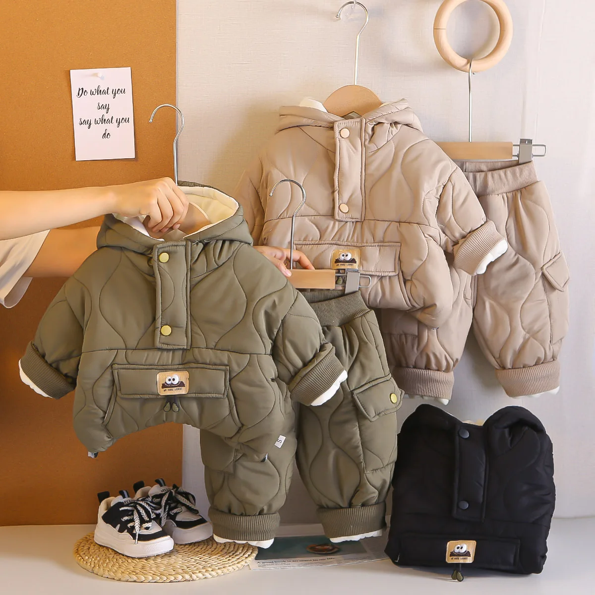 

2025 Winter Boys Quilted Jacket Set Warm Hooded Cotton Padded Coat + Pants 2-Piece Outfit for Kids Thickened Fleece Lined Casual