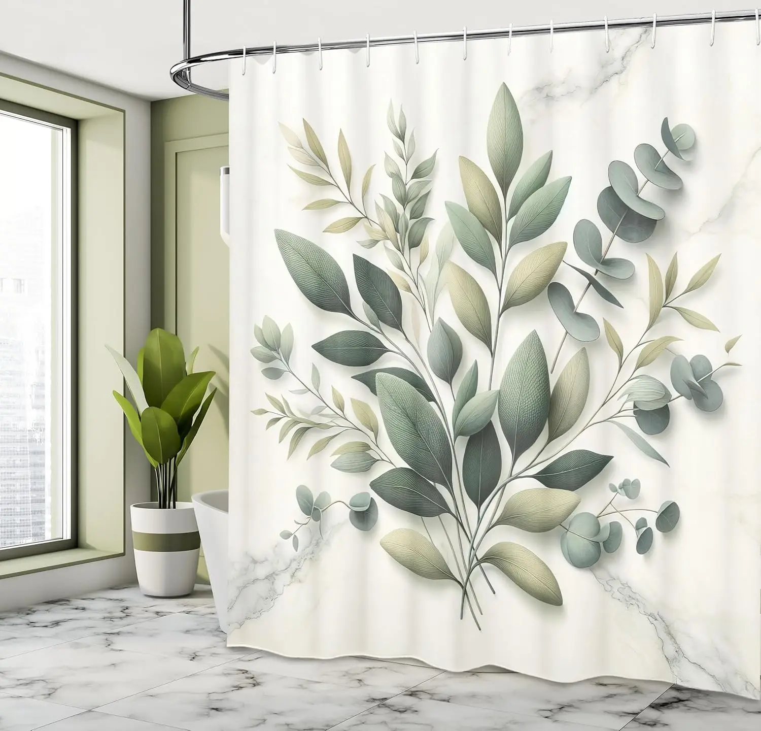 

Eucalyptus Leaves Shower Curtain, Botanical Art of Delicate Branches on Pastel Toned Marble Print, Cloth Fabric Bathro