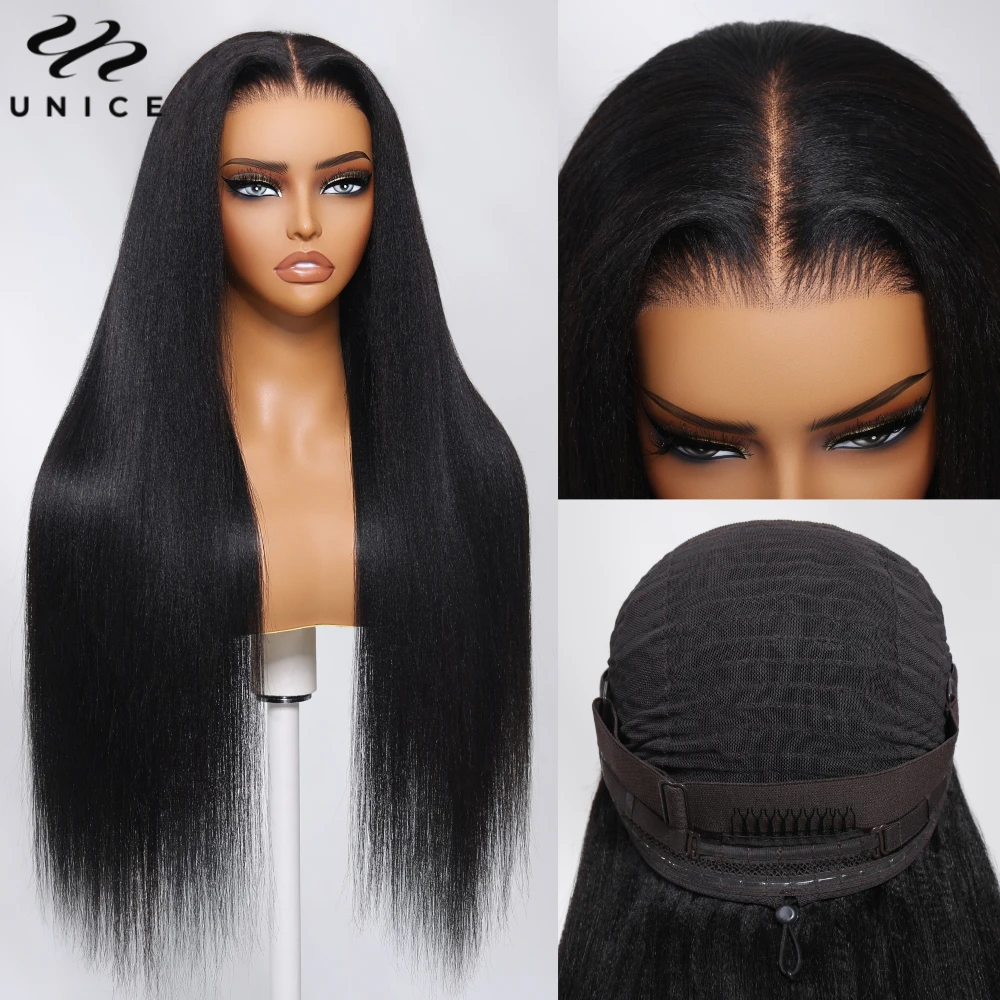 UNice Bye Bye Knots Wig Yaki Straight 7x5 Lace Wig With Elastic Drawstring Glueless Wig Human Hair Ready To Wear Go 150% Density