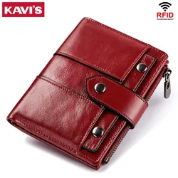 KAVIS Genuine Leather Wallet for Women Fashion RFID Blocking Credit Card Holder Purse Small Ladies Red Clutch Money Bag