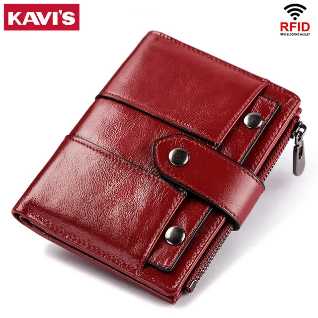 Portfel z prawdziwej skóry KAVIS dla kobiet moda RFID blokująca etui na karty kredytowe torebka mała damska czerwona saszetka typu Clutch