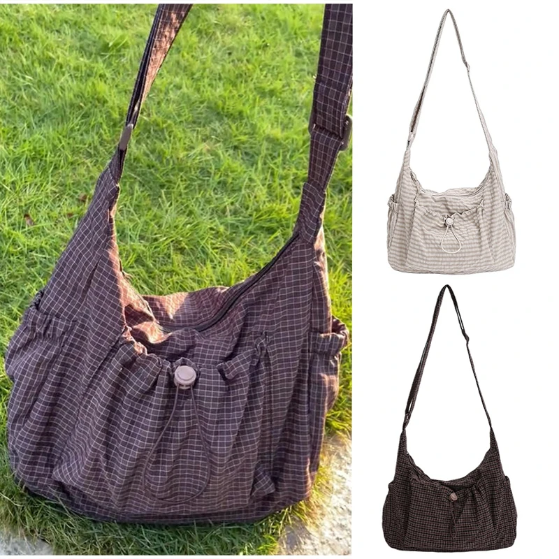Koreanische Nylon Schulter Tasche Mode Einfache Plaid Zipper Tote Tasche Kordelzug Plissee Wolke Tasche Neue Pendler Umhängetasche Umhängetasche – Detail 1