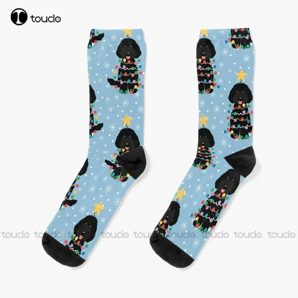 

Black Labradoodle Christmas Tree Dog Dogs Puppy Puppies Socks Slipper Socks 360° Digital Print Custom Gift Streetwear Funny Sock