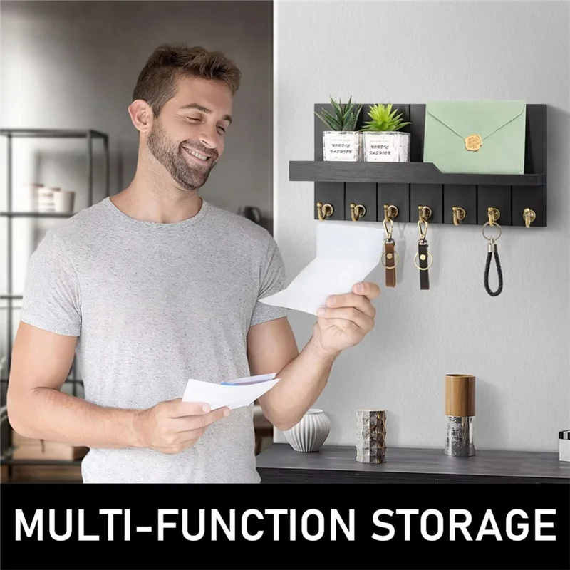 ABKO-Wooden Key Holder Wall Mounted For Home Entryway Decor Key And Mail Holder With Shelf And 7 Key Hooks For Mail Organizer