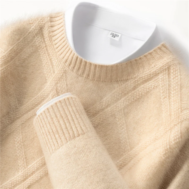 Men's 100% Pure Cashmere Pullover Sweater Winter Collection Casual Solid Knitted Loose Fit Geometric round Neck Thick Jumper