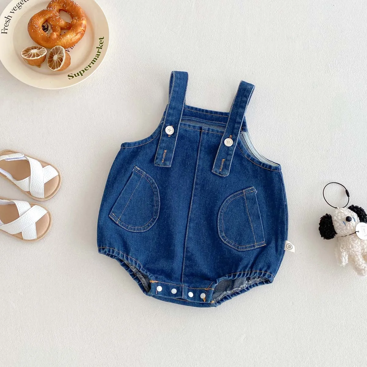 

Korean version of boys and girls suspenders, summer baby Denim sleeveless pocket jumpsuit