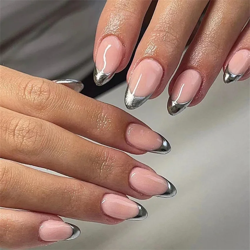 

24Pcs/Set French Silver Edge Simple Fake Nails Medium Drop Shape Press on Nail Full Coverage Sweet Cool Wearing False Nails Tips